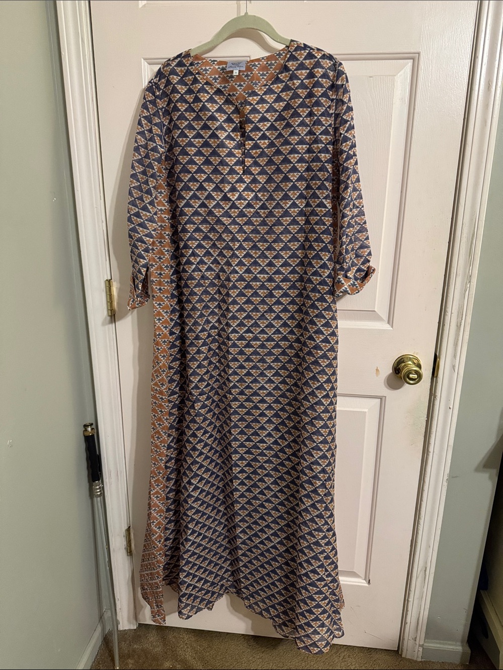 Geometric Print Maxi Dress in Navy and Tan